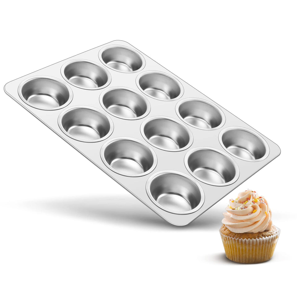 TeamFar 12-cup muffin pan, front view, sturdy stainless steel for even baking