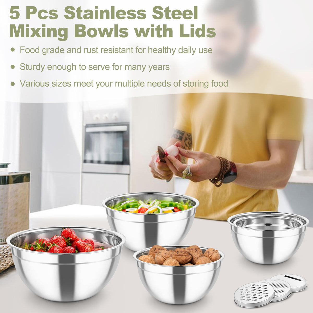 TeamFar mixing set includes three graters for slicing, grating, shredding.