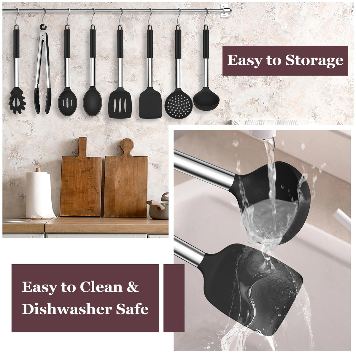 Eight-piece kit includes fry pan tools and serving utensils.