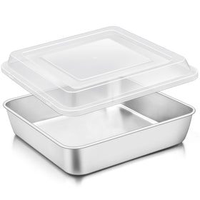 TeamFar 9x9 square cake pan with lid keeps contents fresh and protected.