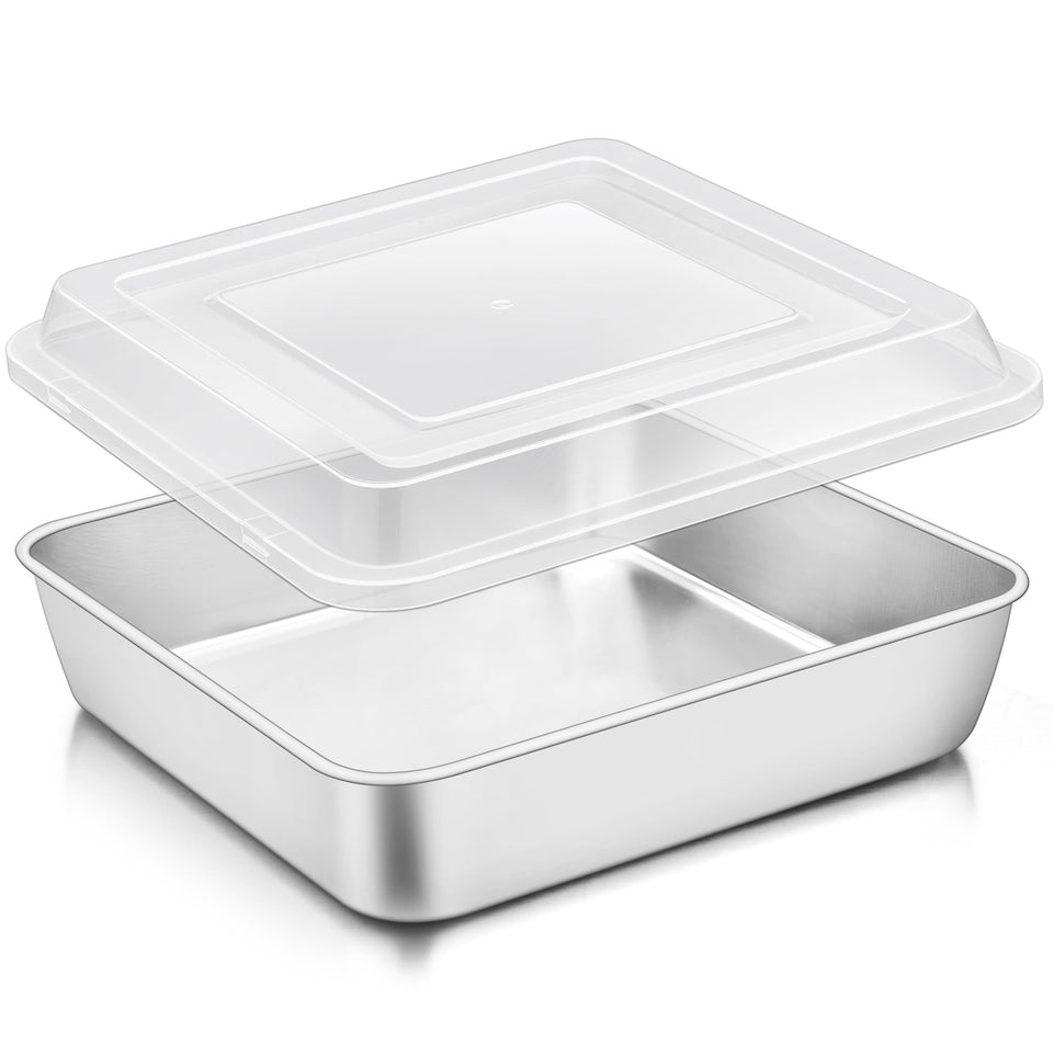 TeamFar 9x9 square cake pan with lid keeps contents fresh and protected.