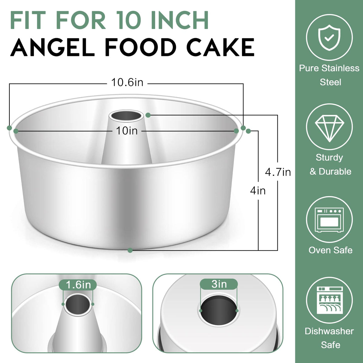 TeamFar angel food cake pan tube detail showing hollow center for even heat distribution.