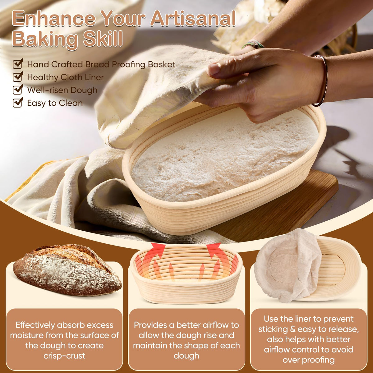 TeamFar bread proofing basket cloth liner for easy release and cleanup.
