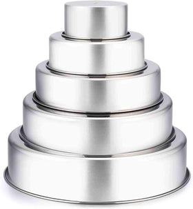 TeamFar 4-inch round cake pan close-up showing sturdy stainless steel for even layering