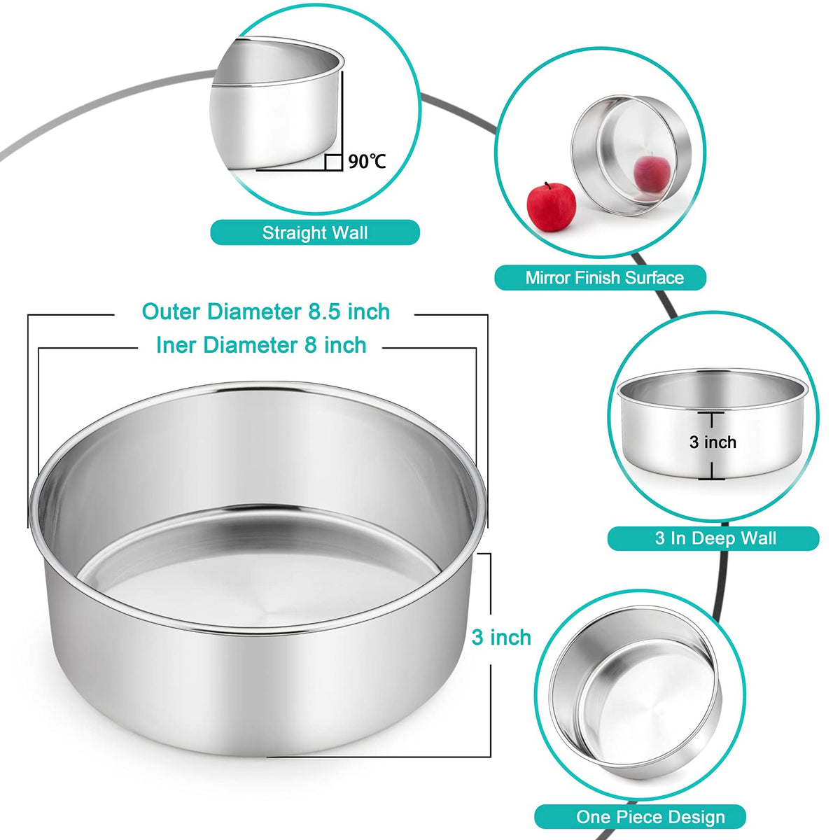 TeamFar 8-inch round cake pan interior diameter for even layers