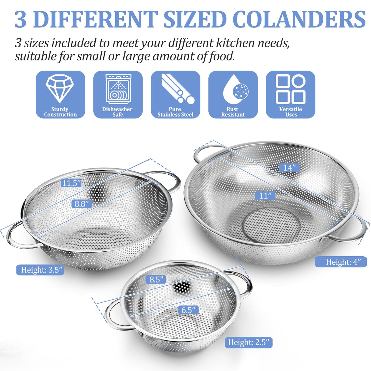 TeamFar colander 3-quart side angle shows comfortable handles