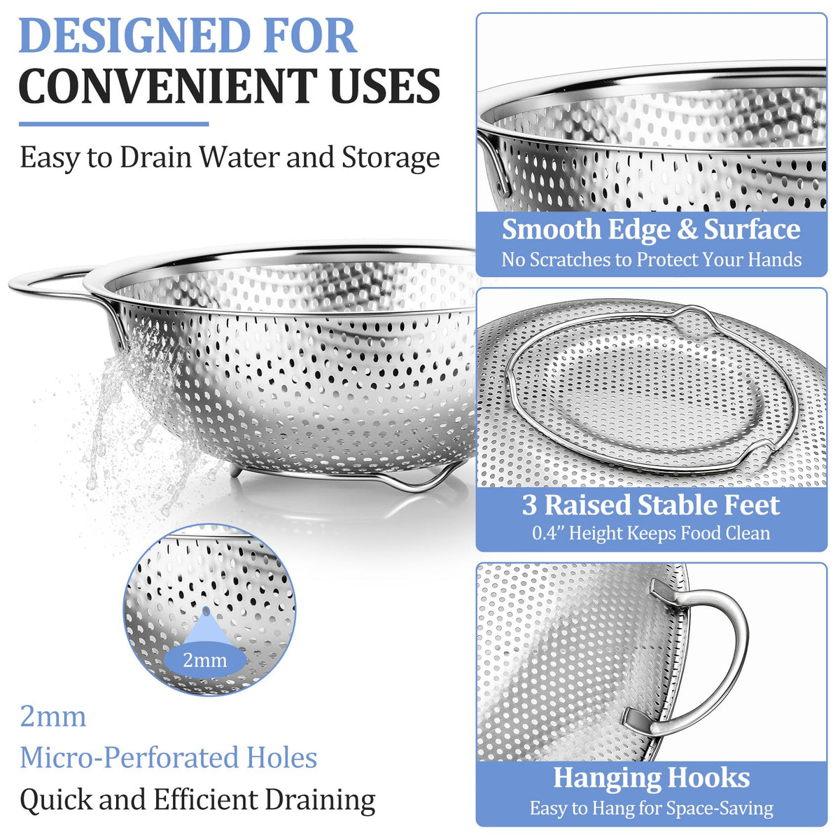 TeamFar colander 5-quart rack-stand demonstrates stable, heavy-duty draining