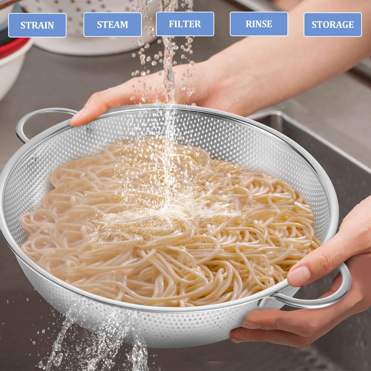 TeamFar colander micro-perforated holes close-up for fast draining