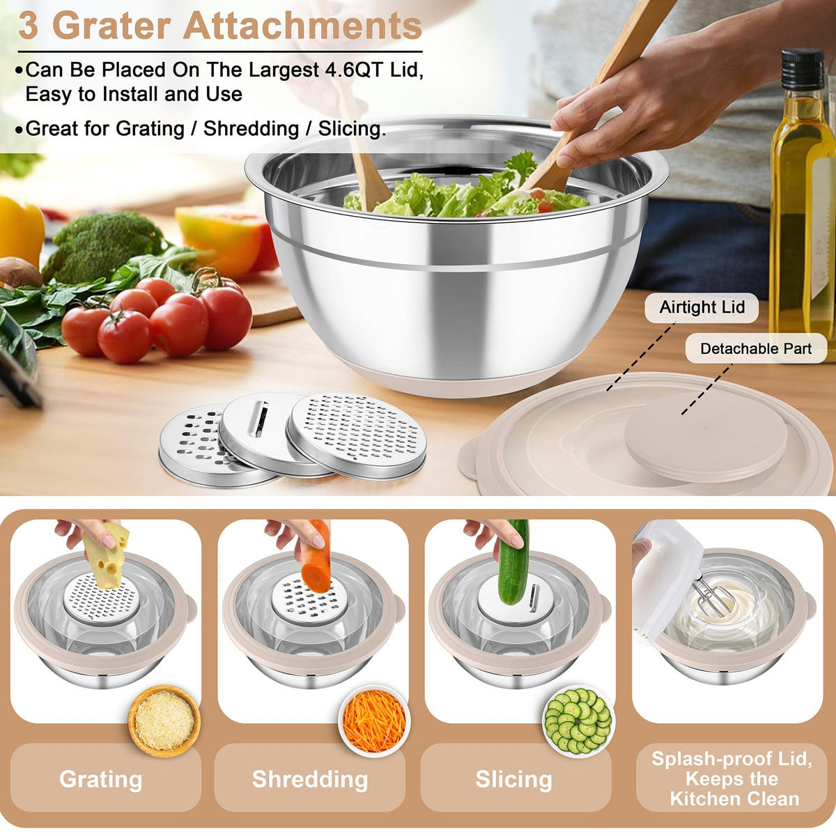 TeamFar detachable lid with built-in graters reduces splatter during prep