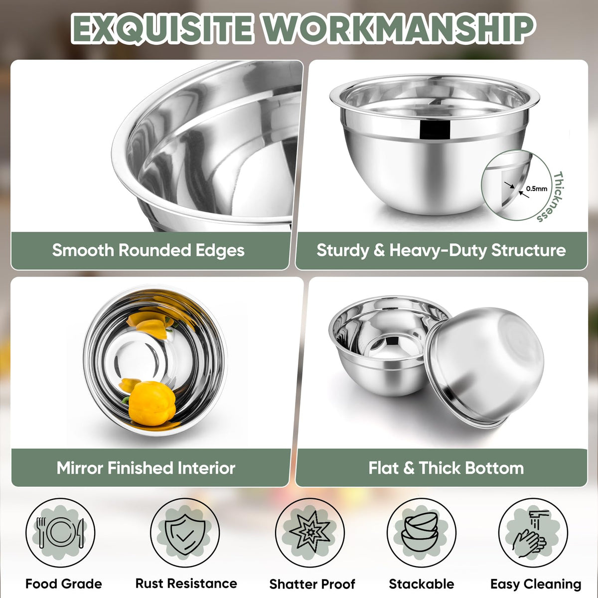 TeamFar bowls feature a mirror finish for easy dishwasher cleaning