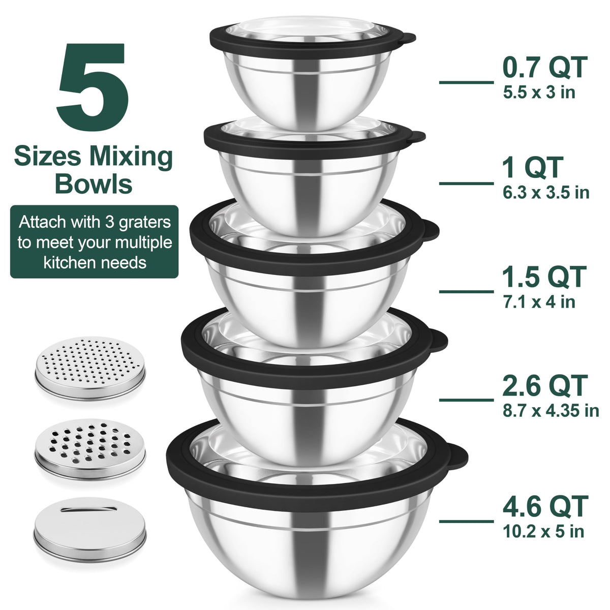 TeamFar 5-piece stainless steel bowls stack for space-saving storage.