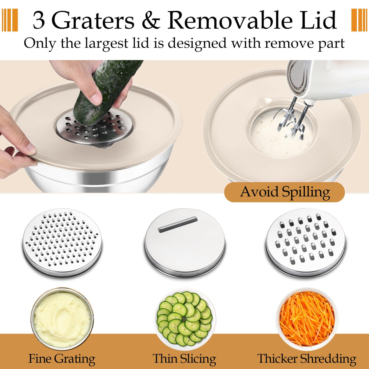 TeamFar three grater attachments connect to largest lid for on-lid shredding