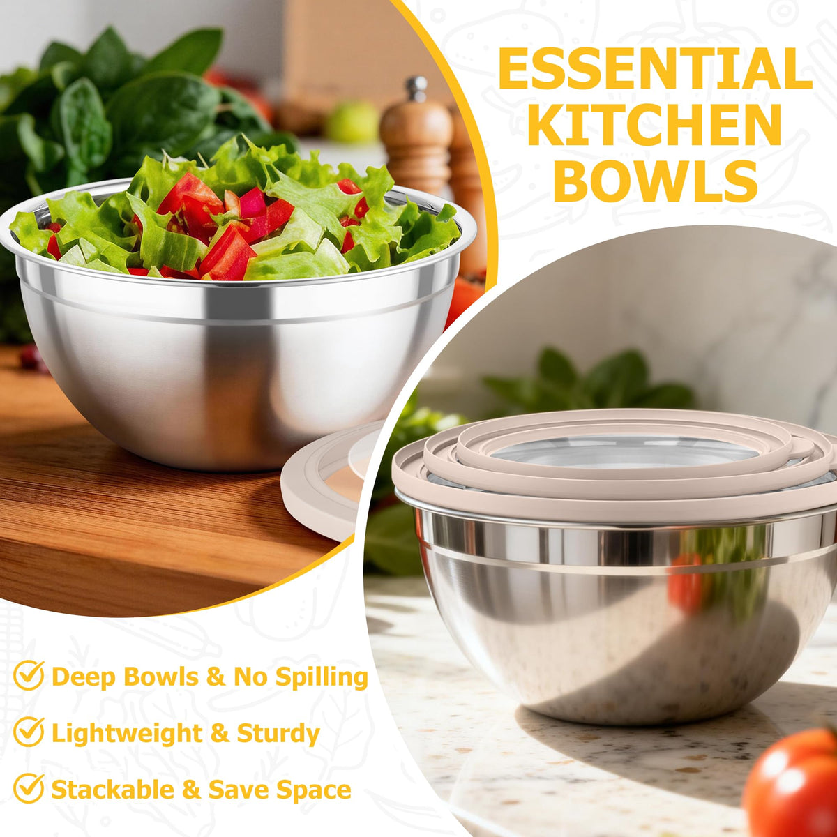 TeamFar khaki multi-use bowl set ideal for serving, mixing, and storing