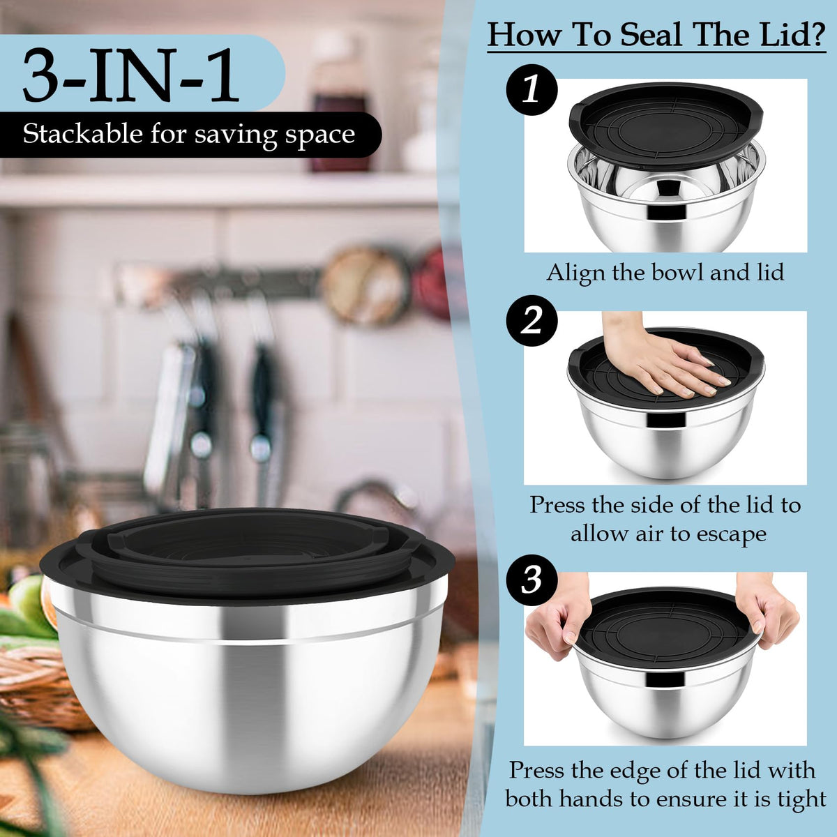 Nesting design saves space, ideal for small kitchens and camping.