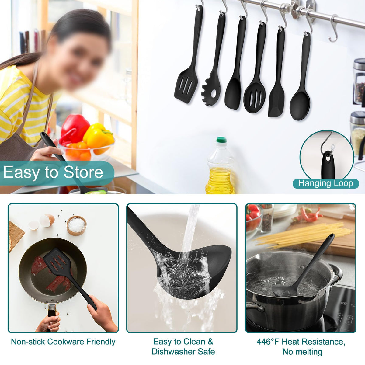 TeamFar silicone pasta server sturdy grip for draining and serving