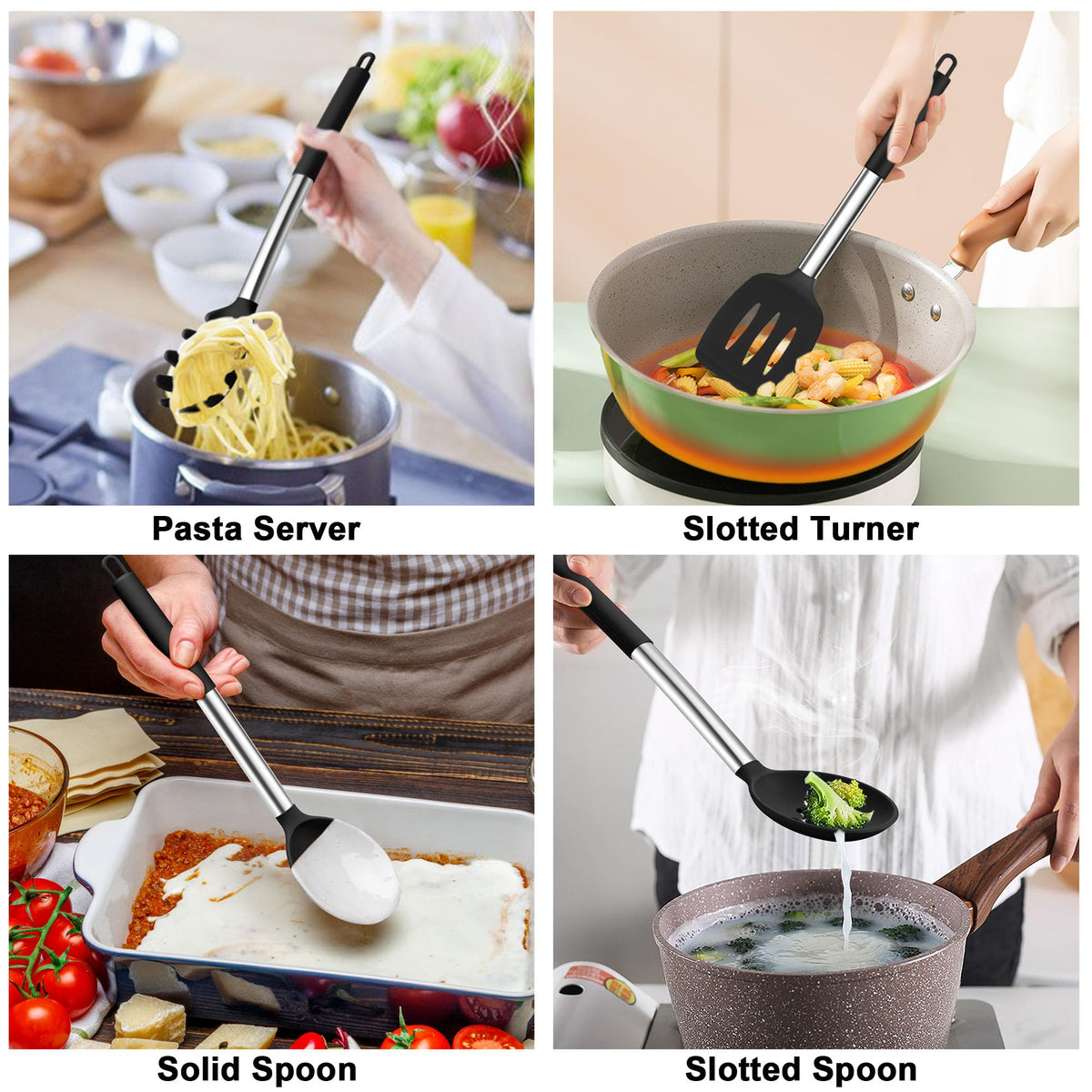 TeamFar solid spoon silicone utensil comfortable grip for mixing and serving.