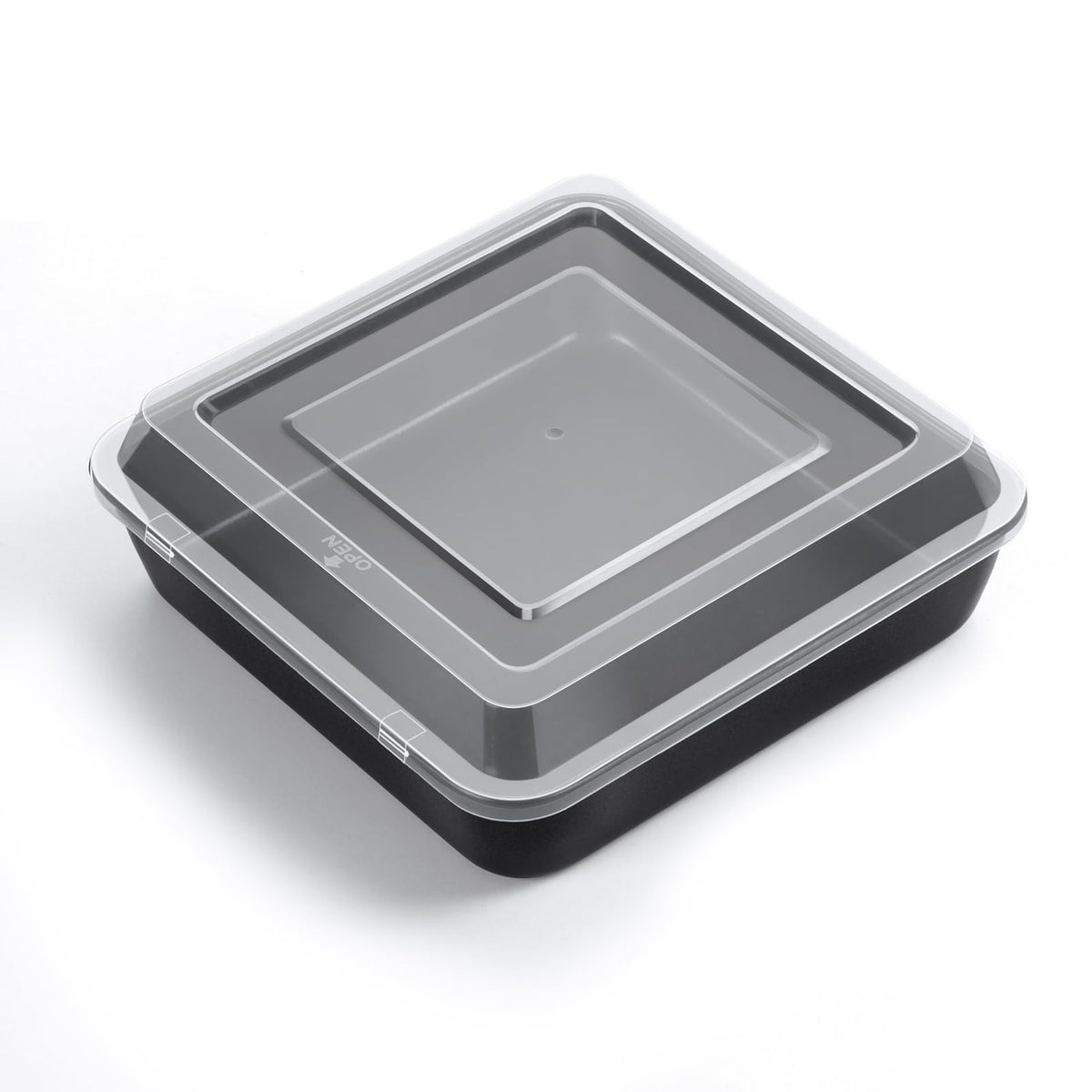 TeamFar square baking pan with lid shows 8-inch size for neat, portable baking.