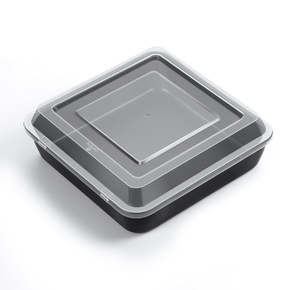 TeamFar square baking pan with lid shows 8-inch size for neat, portable baking.