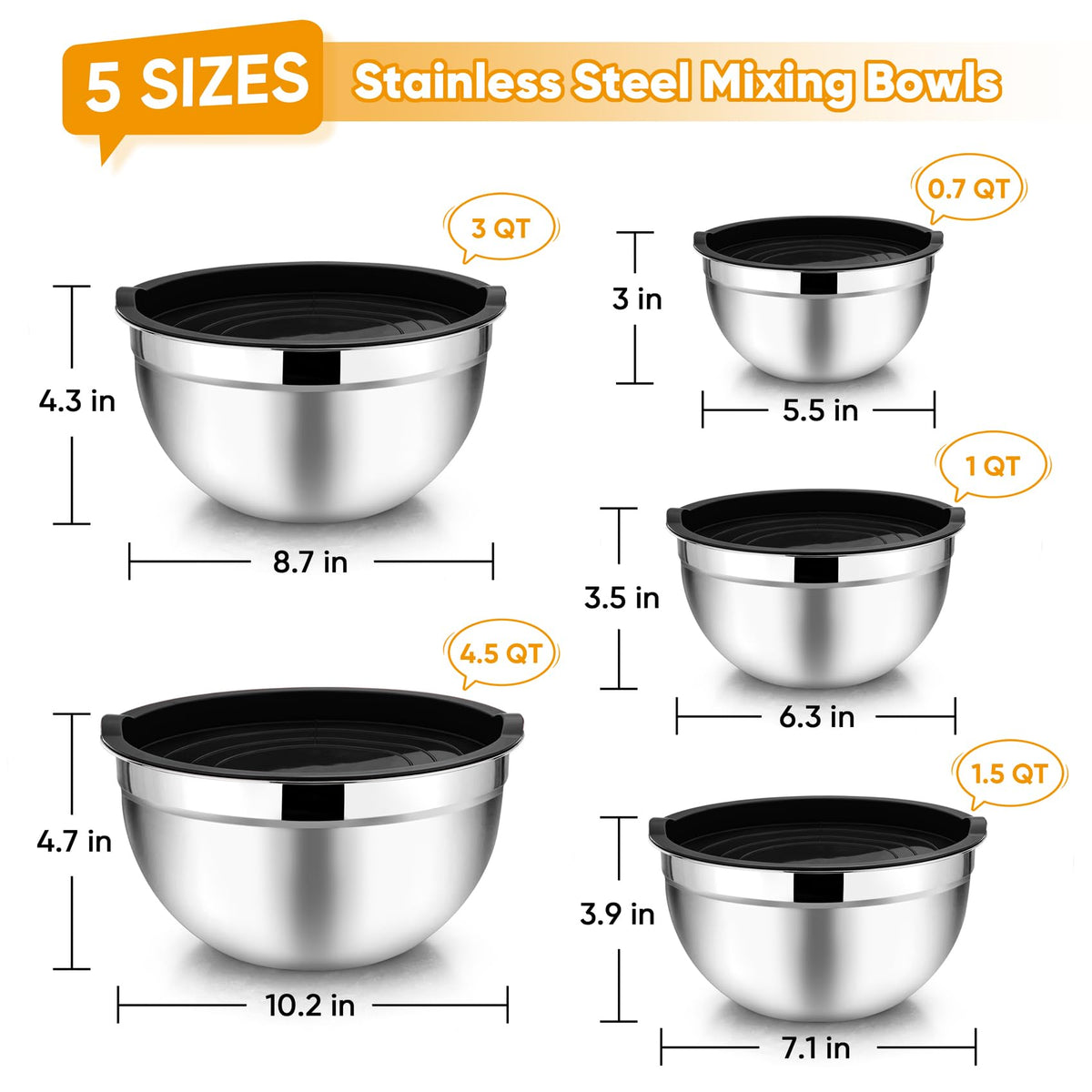 TeamFar stainless steel bowls interior shine for effortless mixing.