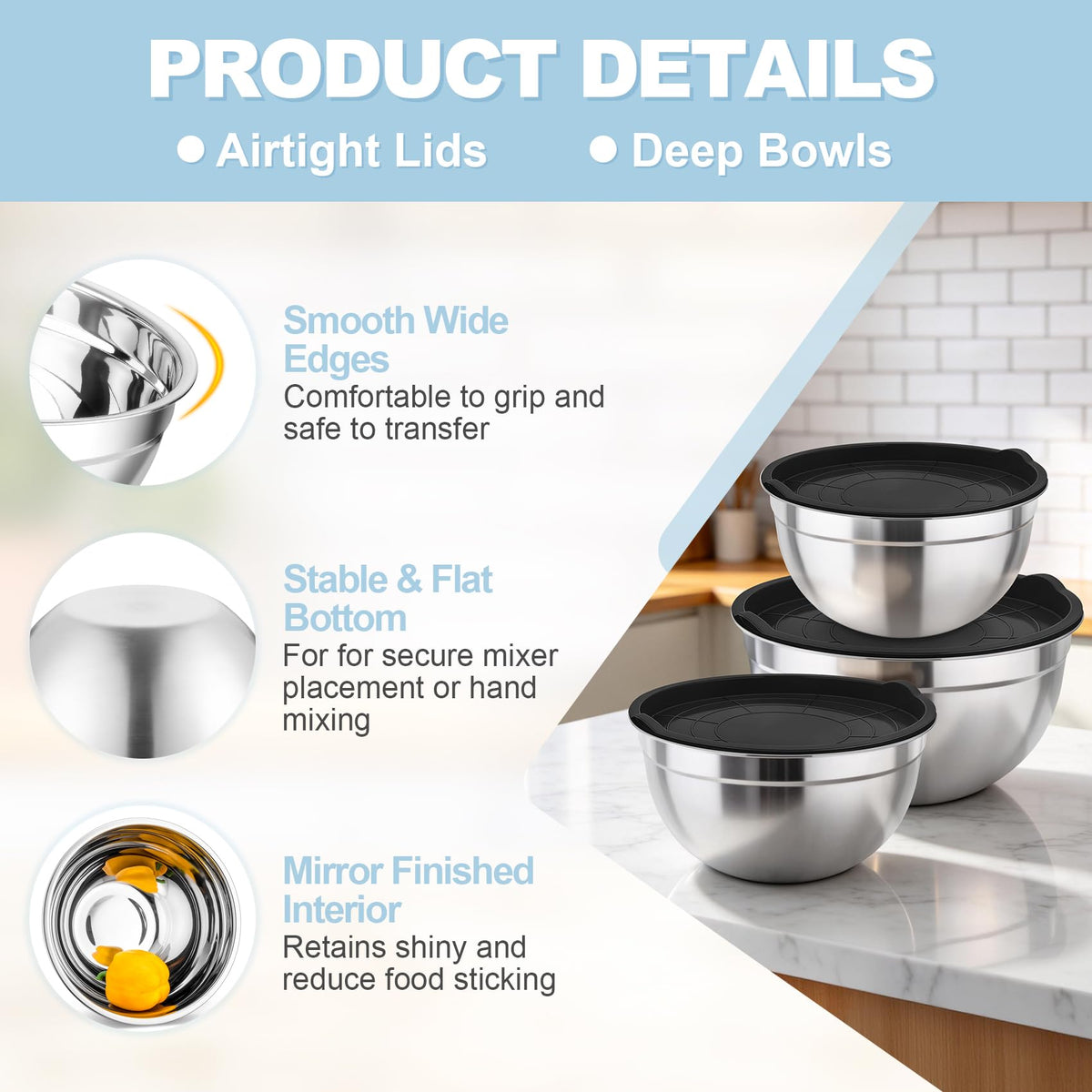 TeamFar stainless steel bowls highlight non-toxic construction.
