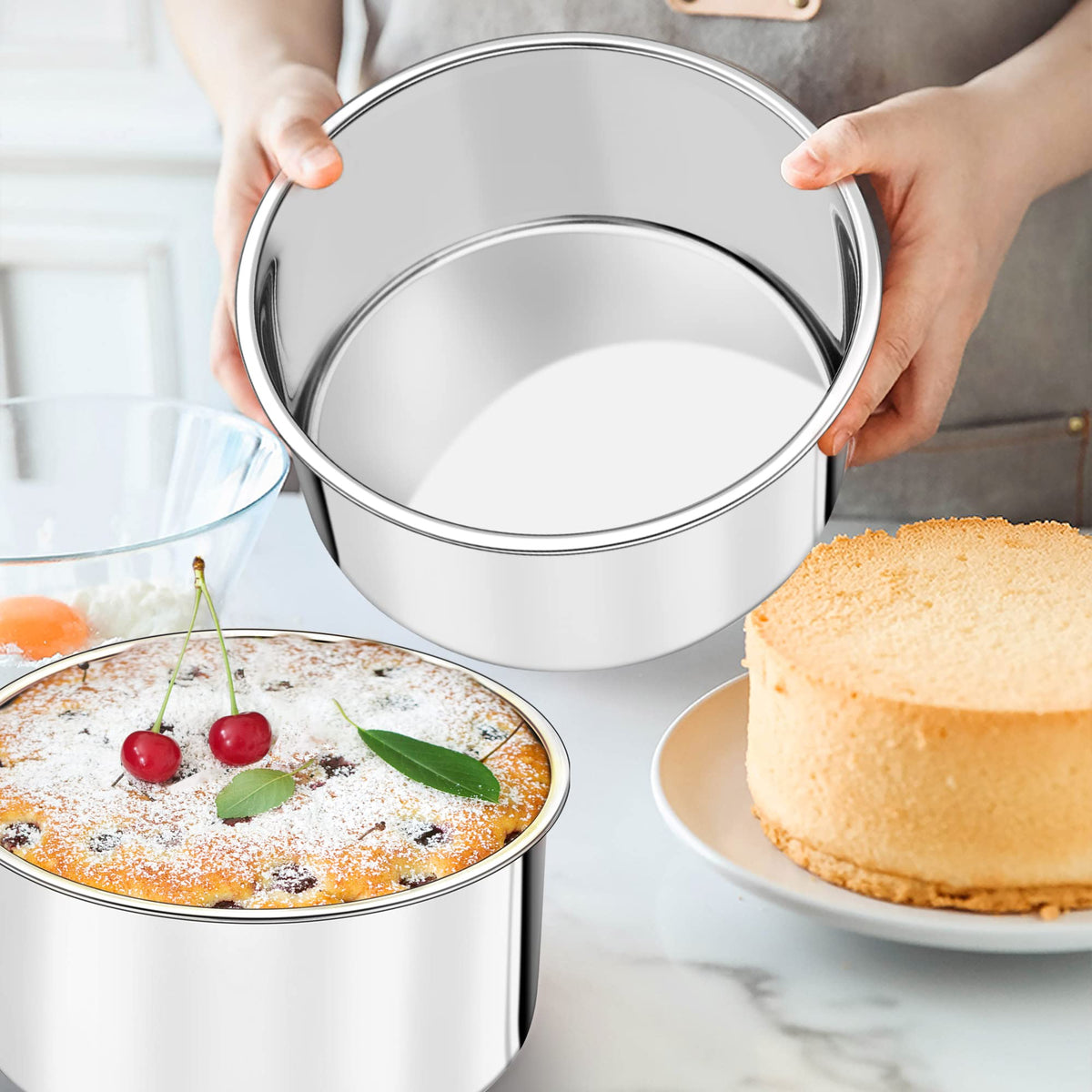 TeamFar stainless-steel cake pan 2pc inside view showing seamless construction