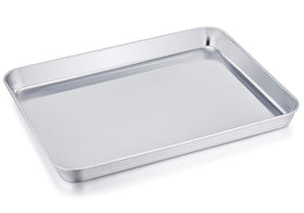 TeamFar stainless steel compact toaster oven pan with deep edge contains juices for easy roasting.