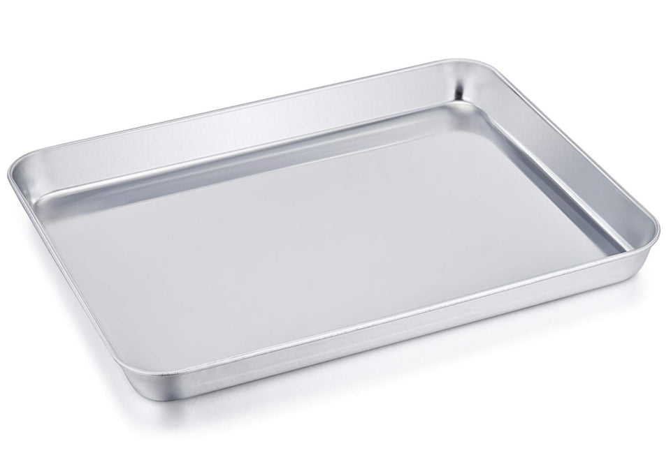 TeamFar stainless steel compact toaster oven pan with deep edge contains juices for easy roasting.
