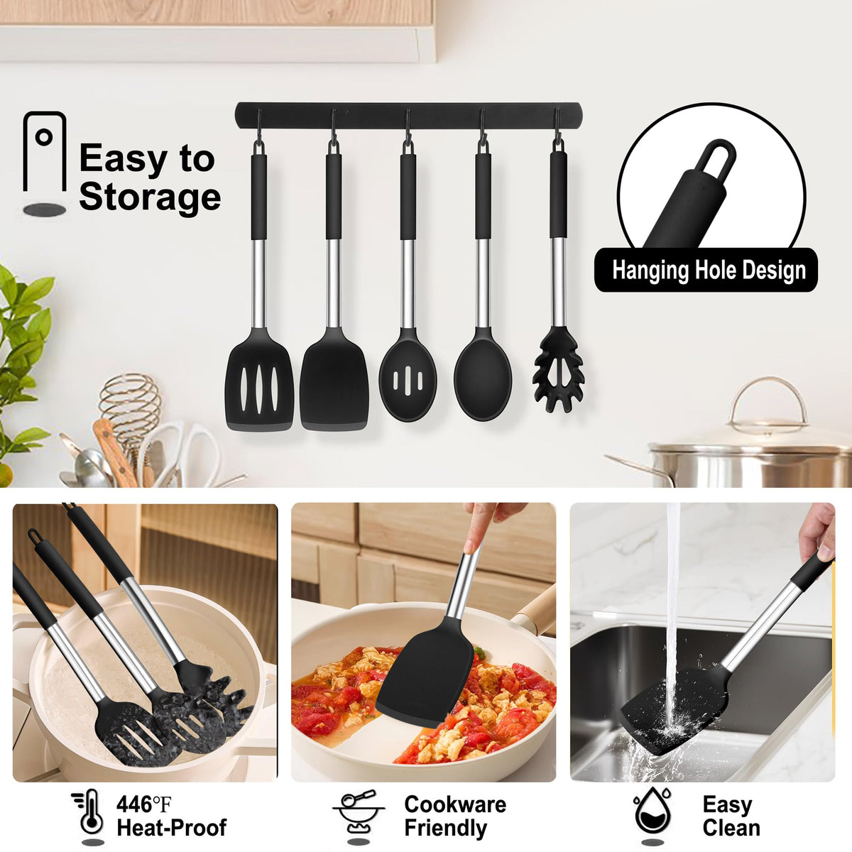 TeamFar stainless steel handle utensils provide sturdy balance and durable use.