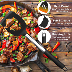 Stainless steel handle with silicone sleeve for comfortable, insulated grip.