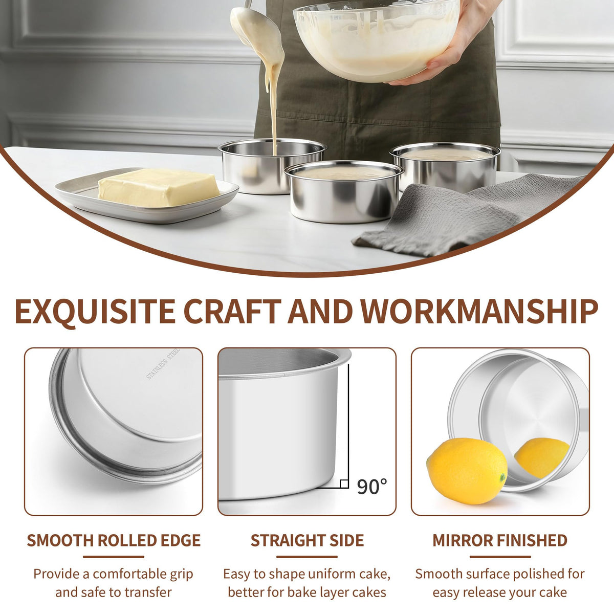 TeamFar stainless steel mini cake pans closeup with mirror finish and non-toxic design.
