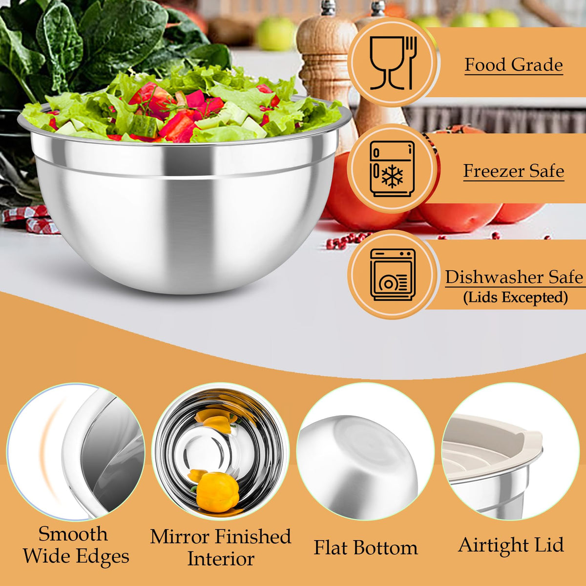 TeamFar stainless steel bowls with mirror finish for a sleek kitchen look