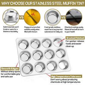 TeamFar stainless steel muffin pan is oven safe for daily baking needs.