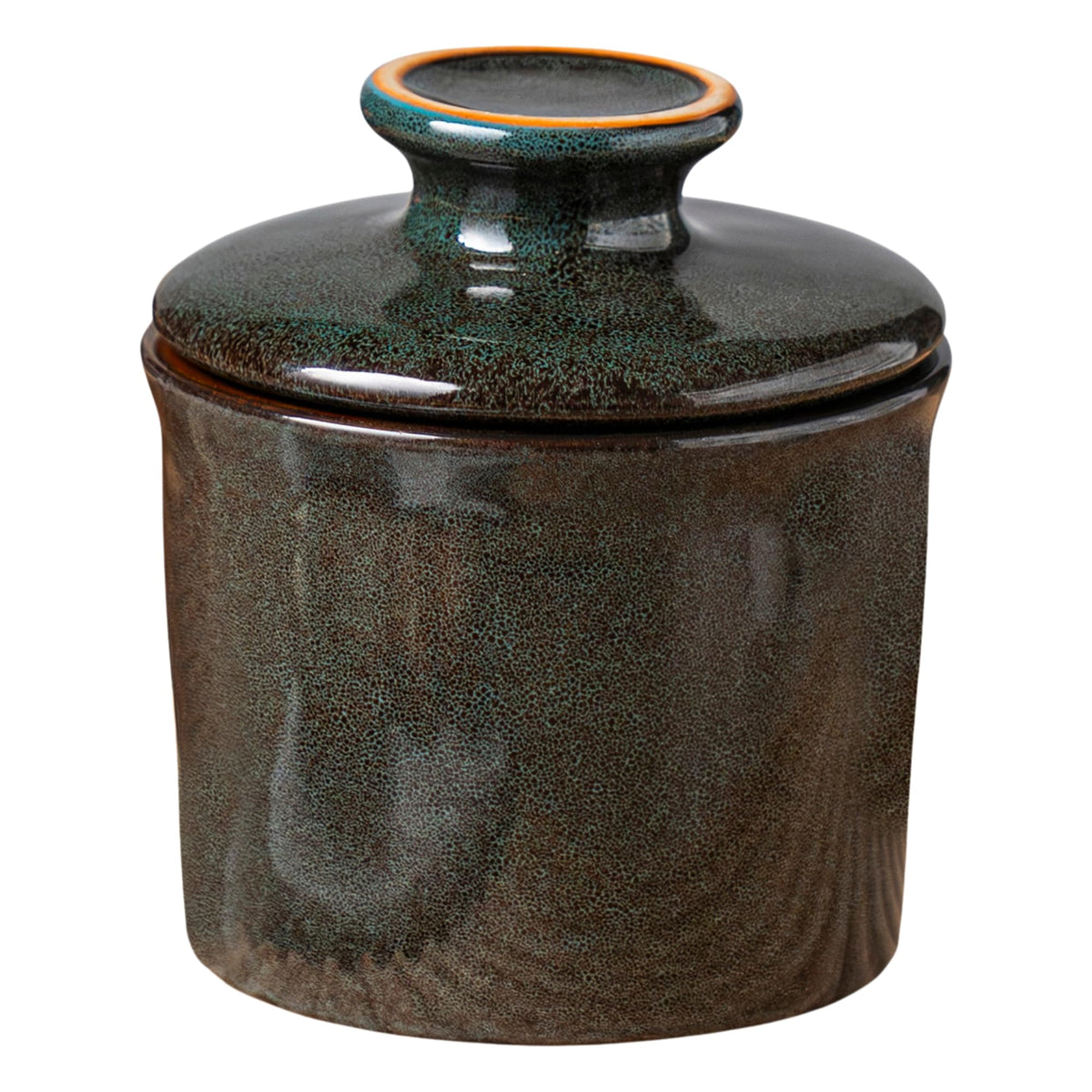 Teapeak pottery butter crock with lid showcases water-seal freshness for soft, ready-to-spread butter.