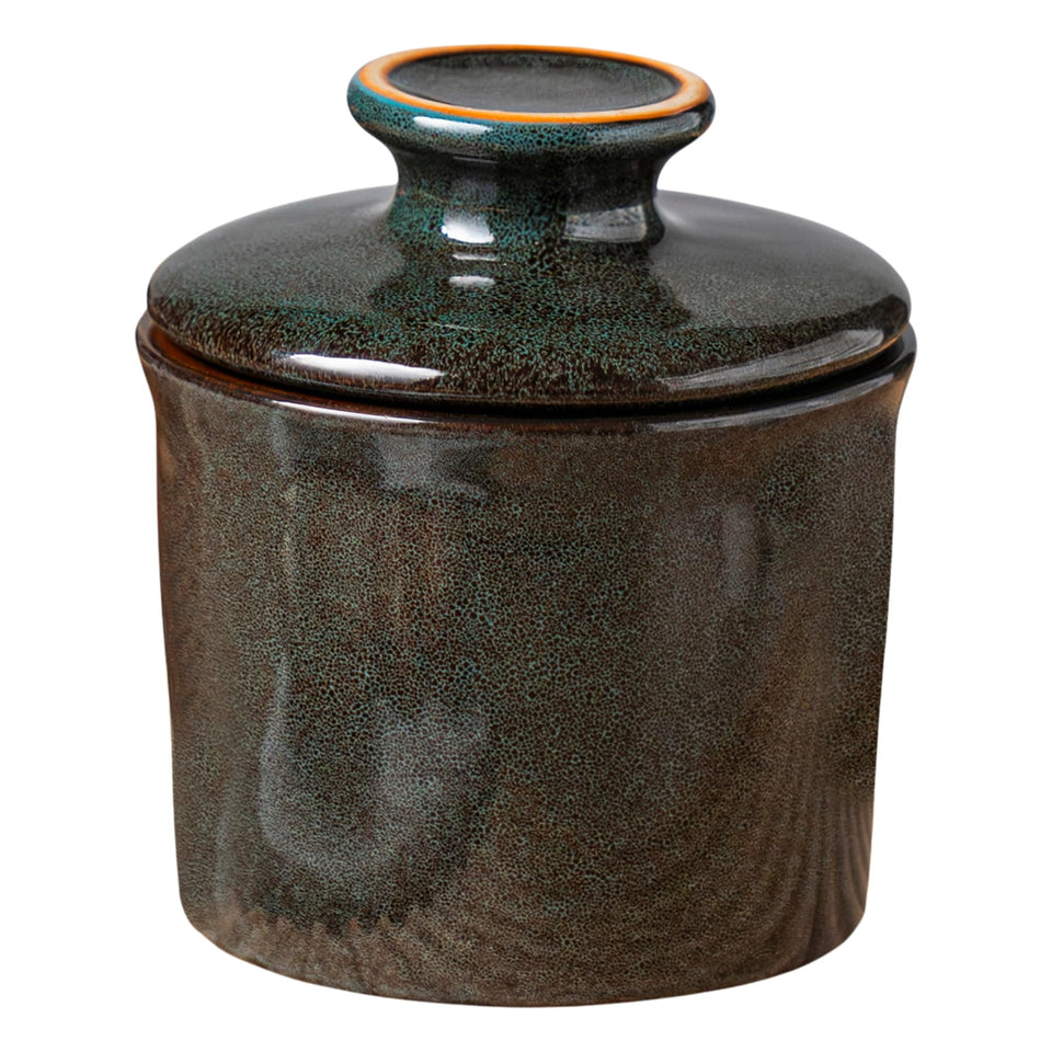 Teapeak pottery butter crock with lid showcases water-seal freshness for soft, ready-to-spread butter.