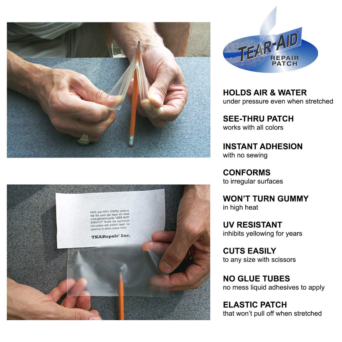 TEAR-AID instruction card guiding easy vinyl repair steps.