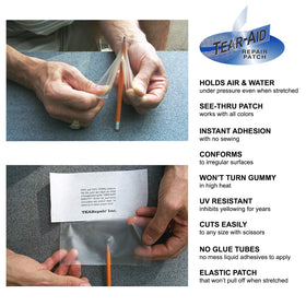 TEAR-AID instruction card guiding easy vinyl repair steps.