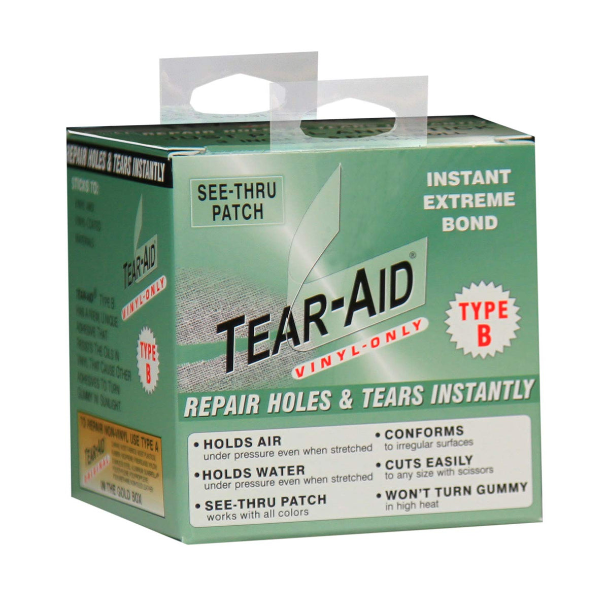 TEAR-AID patch roll for vinyl repairs with strong adhesion.