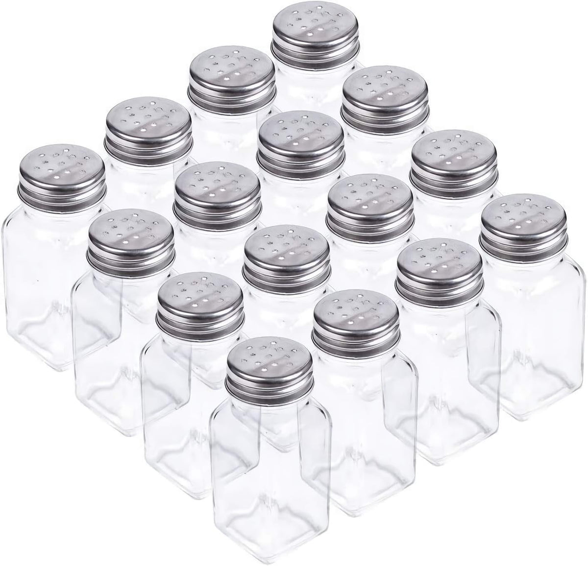 Tebery 16-pack clear salt and pepper shakers front view, easy to monitor contents