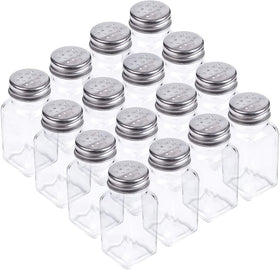 Tebery 16-pack clear salt and pepper shakers front view, easy to monitor contents