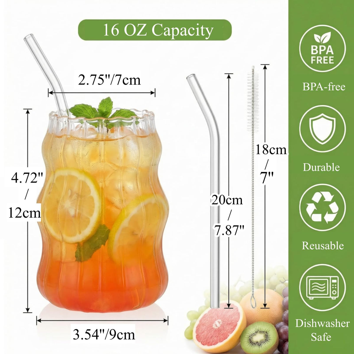 Tebery 16oz ribbed glass cups with a wide-mouth design for easy cleaning