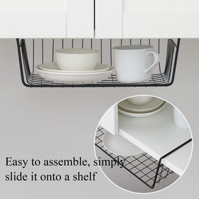 Tebery black metal organizer basket blends with modern cabinets.