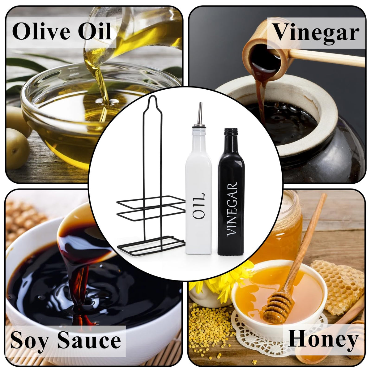 Clear glass cruet design lets you monitor levels at a glance.