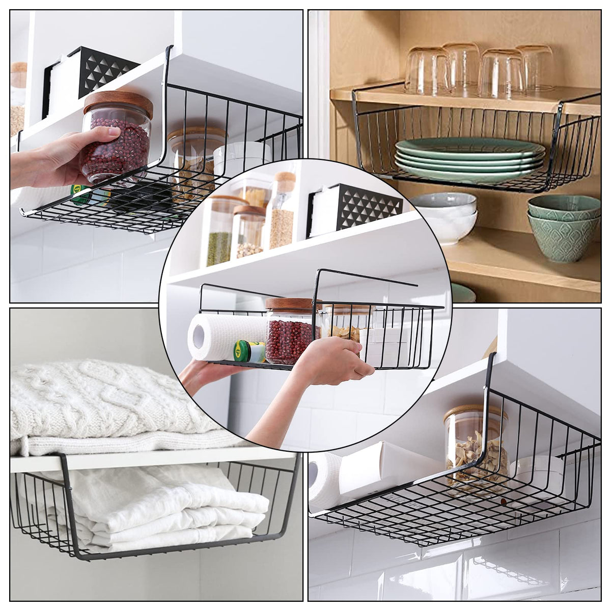 Tebery kitchen storage basket keeps plates, cans, and snacks organized.