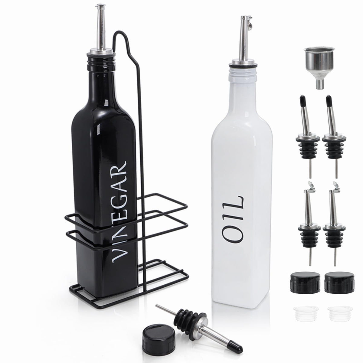 Tebery oil and vinegar dispenser set with caddy on a kitchen counter.
