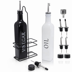 Tebery oil and vinegar dispenser set with caddy on a kitchen counter.