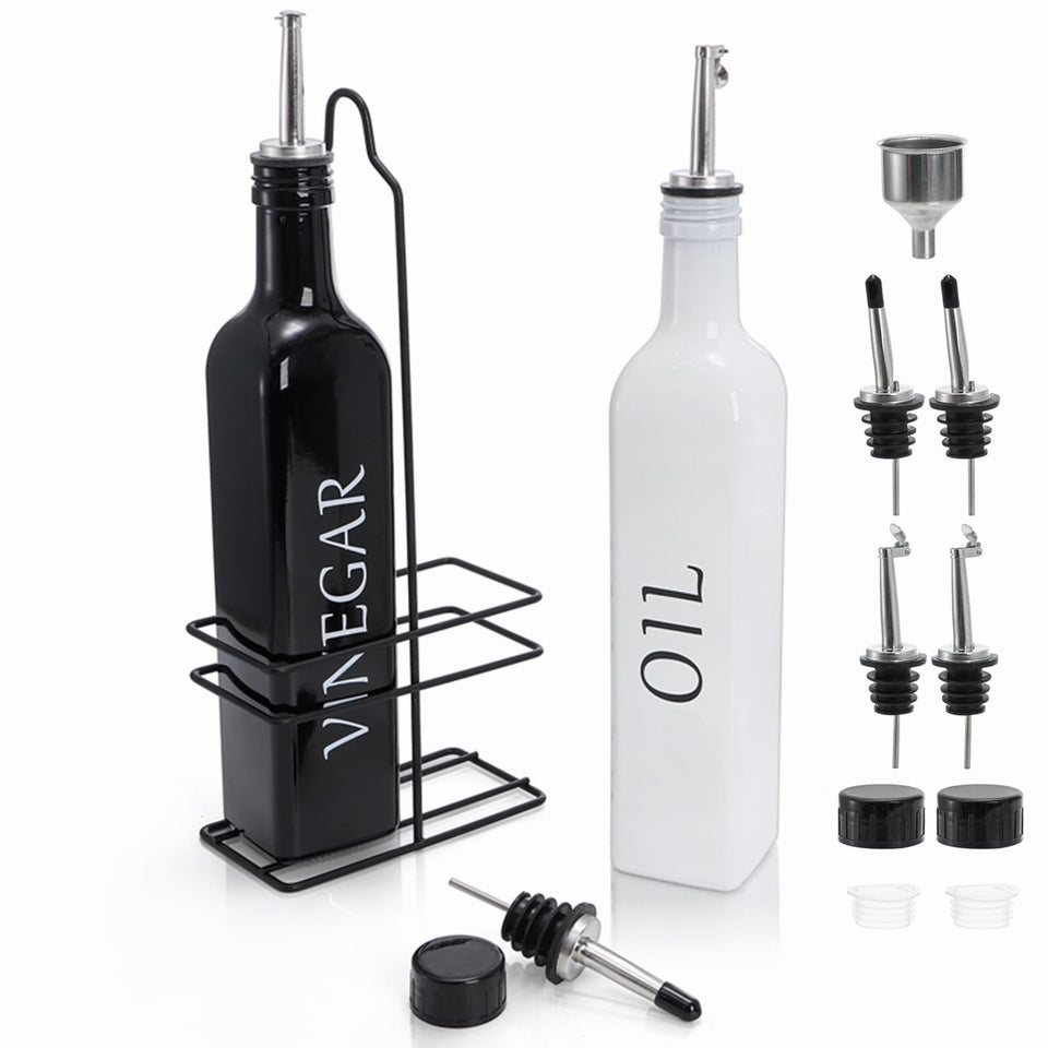 Tebery oil and vinegar dispenser set with caddy on a kitchen counter.