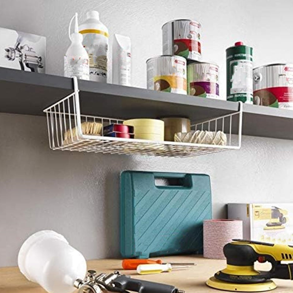 Tebery white under-shelf basket on a shelf improves closet and desk storage