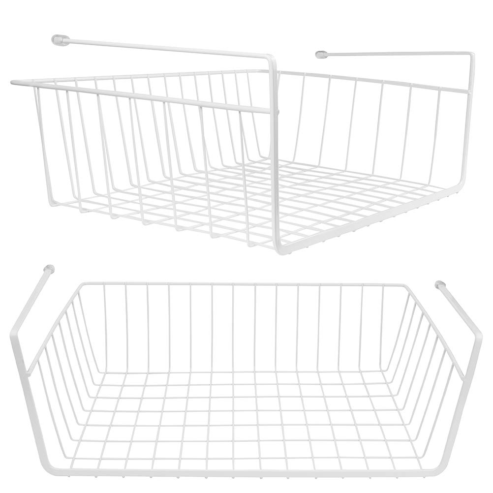Tebery under-shelf basket white two-pack front view showing compact pantry storage
