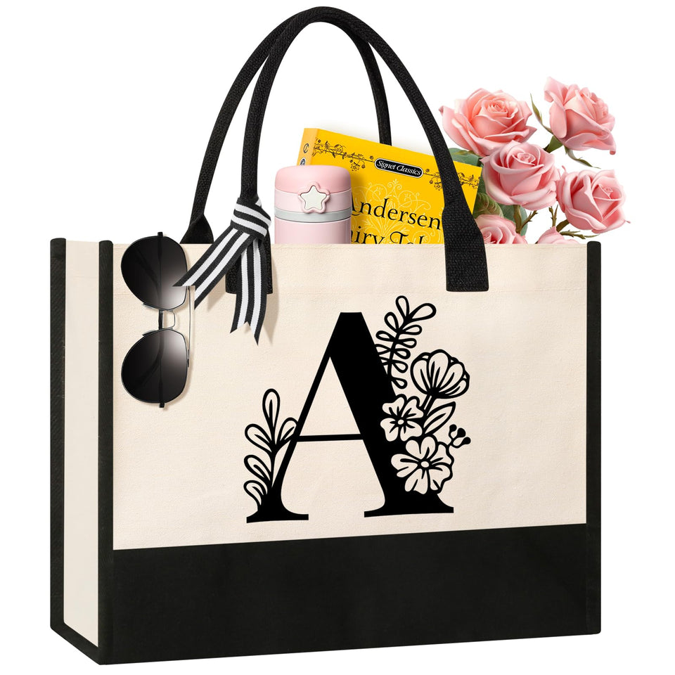 Tecanne Initial Canvas Tote Bag front view, roomy space for daily essentials.