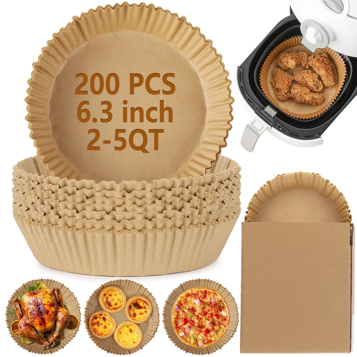 Tecbeauty 200pcs air fryer liners in a round basket help keep the fryer clean during cooking.